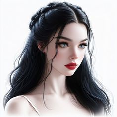 a digital painting of a woman with long black hair and red lipstick on her face