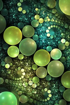 an abstract background with green and yellow bubbles in the center, as well as some gold dots