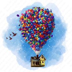 the house is floating in the air with balloons on it's side and birds flying around