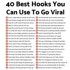 a poster with the words 40 best hooks you can use to go virtual