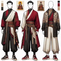 Japanese Warrior Outfit Male, Mens Clothing Drawing, Modern Monk Fashion, Desert Clothing Male, Dnd Fashion Male, Medieval Men Outfit, Monk Outfit Design, Fantasy Japanese Clothing Art, Fantasy Traveler Outfit Drawing