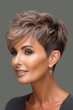 Get a new look with the pixie cut with sculpted waves. It’s a playful and textured short haircut for fine hair and it is  sculpted. Versatile, the pixie cut is perfect for any face shape. Click here to check out more flattering short hairstyles for women over 50 with fine hair. Saved Hairstyles Board, Womens Pixie Haircut, Pixie Hairstyles For Thick Hair, Pixie Cut Back View, Feminine Pixie Haircut Fine Hair, Textured Pixie Haircut, Short Haircut For Fine Hair, Short Flippy Hairstyles, Short Haircuts Fine Hair