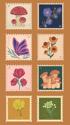 postage stamps with flowers and mushrooms on them