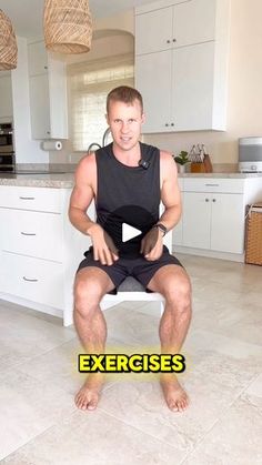 a man sitting in a chair with the words exercises on his chest and lower back