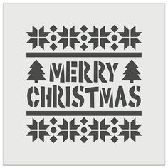 merry christmas lettering with trees and snowflakes on the bottom, in black and white