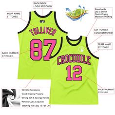 Custom Neon Green Pink-Black Authentic Throwback Basketball Jersey Sleeveless Basketball Sublimation T-shirt With Graphic Print, Collegiate Basketball Jersey With Letter Print, Collegiate Sleeveless Jersey With Letter Print, Team-colored Crew Neck Basketball Jersey, Varsity Basketball Jersey For Sports Season, College Team Spirit Sleeveless Jersey, Sleeveless College Jersey With Team Spirit Style, Sleeveless Collegiate Jersey For Game Day, Basketball Jersey With Letter Print