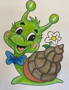 a drawing of a green cartoon character holding a flower