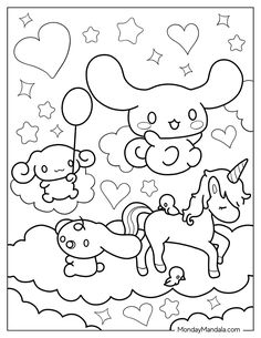 an animal coloring page with hearts and stars in the sky, including a unicorn on top of