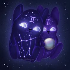 two purple cats with zodiac signs on their faces, sitting next to each other in the night sky