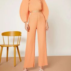 High Waist Ribbed Knit Pants - Orange/Peach In Color - Size L (8/10) - Nwt High-waist Peach Bottoms For Spring, High Waist Peach Bottoms For Spring, Wide Leg Peach Pants For Spring, Pink Ribbed Bottoms For Spring, Peach Wide Leg Pants For Spring, Spring Ribbed Trousers, Spring Peach Bottoms For Loungewear, Ribbed Straight Pants For Spring, Spring Straight Ribbed Pants