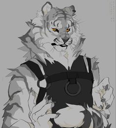 a drawing of a white tiger with yellow eyes and black overalls, standing in front of a gray background