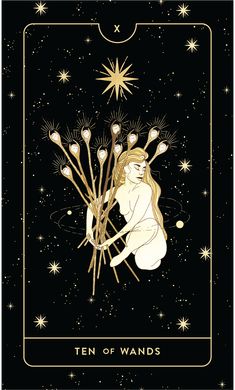 a tarot card with a woman surrounded by flowers and stars in the night sky