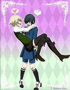 two anime characters hugging each other in front of a purple and green background with hearts