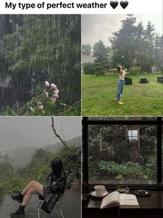 four different pictures with people in the rain