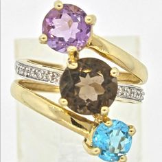 Estate Solid 14k Yellow Gold Ring. Complimented By A Round Cut Smokey Quartz, Blue Topaz And Amethyst Stone In An Exquisite Tri-Setting Accented Beautifully With Diamonds Weight: 5.3 Grams Ring Size: 6 (Can Be Resized) Metal: 14k Yellow Gold (Tested And Guaranteed) Markings: 14k, 585 Great Condition. Quartz Ring, Yellow Gold Ring, Smokey Quartz, Amethyst Stone, Womens Jewelry Rings, Yellow Gold Rings, Blue Gold, Blue Topaz, Gold Ring