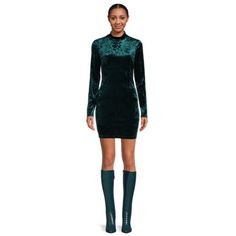 Long sleeves and a mock neck elegantly contrast with the shorter length and body-hugging silhouette of this Self Esteem Crushed Velvet Bodycon Dress, allowing you to look party-perfect while staying comfortable. Pair this stunner with heels or boots for an on-trend and occasion-ready look you will feel your best in. Size: L.  Color: Green.  Gender: female.  Age Group: adult.