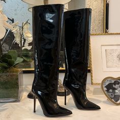 Patent Pointed Toe Tubular Boot With 100mm Or 120mm Stiletto Heel Upper: Patent Leather Interior: Genuine Leather Fit: Regular Non-Slip Sole Heel Height: 120mm | 4,8" Inches Heel Height: 100mm | 4,0" Inches Handcrafted Footwear 100% Made In Italy Luxury Patent Leather Heeled Boots For Evening, Chic Shiny Black Heels For Formal Occasions, Chic Shiny Black Formal Heels, Evening Patent Leather Boots With Sculpted Heel, Evening Patent Leather Heeled Boots With Sculpted Heel, Luxury Patent Leather Boots For Evening, Luxury Patent Leather Evening Boots, Evening Heeled Boots With 4-inch Pointed Toe, Luxury High Heel Patent Leather Boots