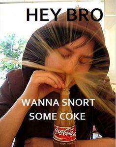 a woman with her face covered by a coca - cola bottle and the caption says, hey bro