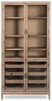 a wooden cabinet with drawers and shelves on the front, two open doors at the top