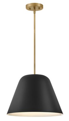 a black and gold pendant light with an oval shade on the bottom, hanging over a white background