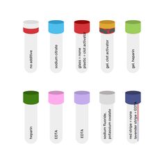 the different types of medical tubes labeled in each one, including an empty tube and two filled with colored liquids