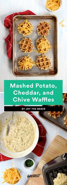 mashed potato, cheesy waffles and gravy on a baking sheet