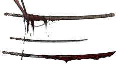 three different swords with blood dripping from them