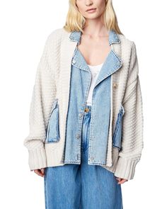 Blank NYC Denim and Knit Cardigan in Last Call | Zappos.com Trendy Button-up Sweater Coat For Spring, Trendy Spring Button-up Sweater Coat, Spring Button-up Sweater Coat With Pockets, Trendy Cotton Cable Knit Outerwear, Trendy Cable Knit Cotton Outerwear, Casual Spring Cardigan With Buttoned Pockets, Trendy Cable Knit Button-up Outerwear, Spring Relaxed Fit Cable Knit Outerwear, Spring Cable Knit Relaxed Fit Outerwear