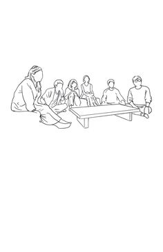 a line drawing of people sitting at a table with one person on the other side