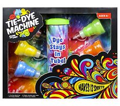 an assortment of toys in a box with the words dye stays in tube on it