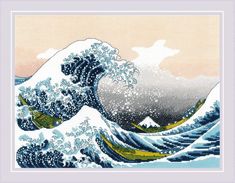 the great wave is depicted in this cross stitch pattern