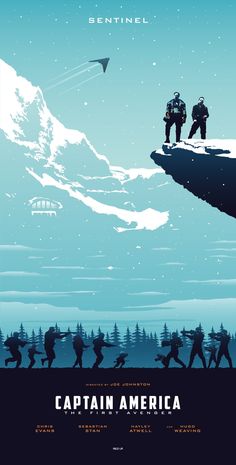 the poster for captain america, featuring two men standing on top of a cliff with snow capped mountains in the background