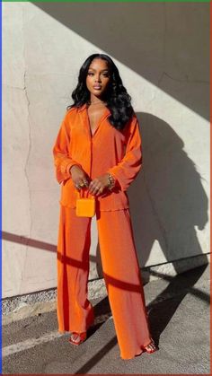 Dinner Attire For Women, Church Outfit Women, Orange Outfits, Bday Dinner, Wide Leg Pant Suit, Suit Pattern, Solid Color Pants, Casual Long Sleeve Shirts