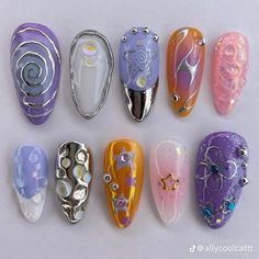 Nails Extra Art Designs, Lilac Nails, Nails Now, Japanese Nails, Nail Swag, Kawaii Nails, Press Ons, Silver Nails