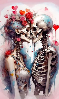 two skeletons with roses in their hair and one skeleton holding the other's head