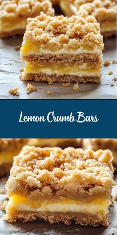 lemon crumb bars are stacked on top of each other