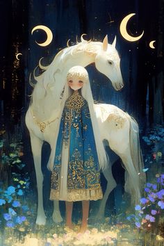 a painting of a woman standing next to a white horse in the woods at night