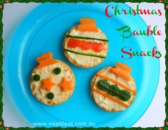 christmas bauble snacks on a blue plate