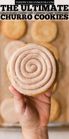 Snickerdoodle cookies topped with a swirl of cinnamon buttercream frosting and extra cinnamon sugar. Frosting