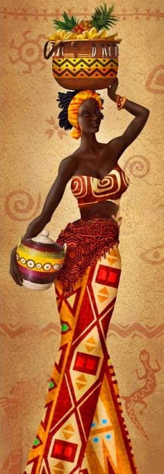 an african woman with a basket on her head, holding a bowl in her hand