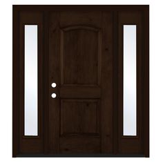 a wooden door with two sidelights and glass panels on the top, in front of a white background