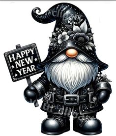 a cartoon gnome with a happy new year sign in his hand and flowers on it