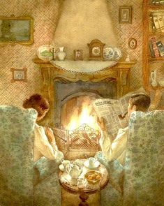 two people sitting on couches in front of a fireplace with a lit fire place