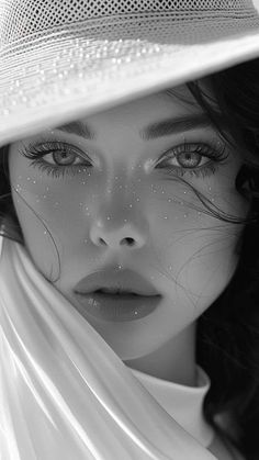 black and white photograph of a woman wearing a hat with her face covered in water droplets