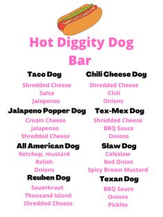 the hot dog bar menu is shown in pink and white