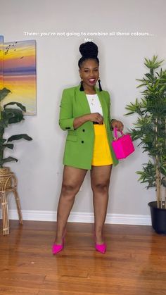 Color Block Blazer Outfit, Colourful Classy Outfits, Shorts And Blazer Outfit Classy, Color Block Outfits, Blazer And Shorts Outfit, Working Girl Outfits, Nigerian Lace Dress, Bright Blazer, Colour Blocking Fashion