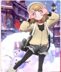 an anime character is posing in front of a snowman with her hands behind her head