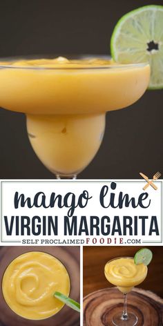 mango lime virgin margarita in a coupe glass with garnishes on the rim