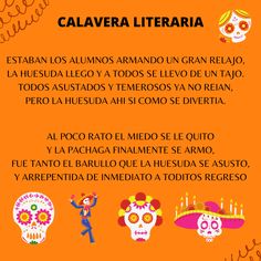 an orange poster with skulls and candles on it's side, says calavera litereria