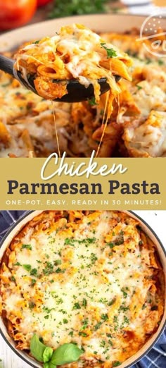 chicken parmesan pasta in a casserole dish with text overlay that reads chicken parmesan pasta